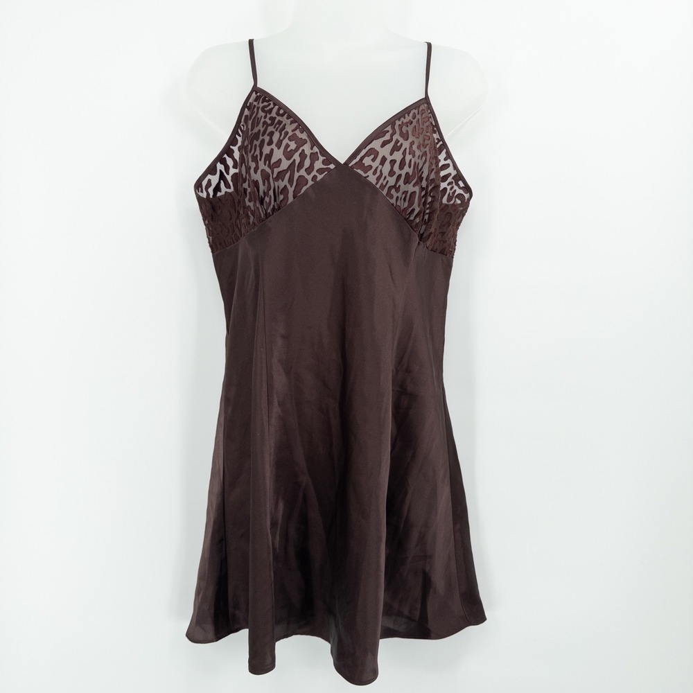 Y2K Brown Leopard Mesh Satin Slip Dress Large Nightie Lingerie‎ Sheer Feminine